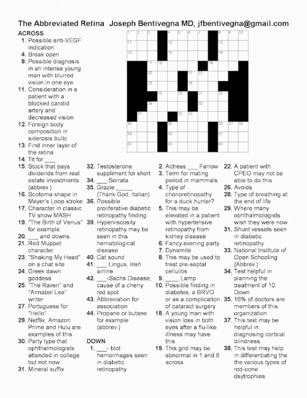Ophthalmic Crossword The Abbreviated Retina